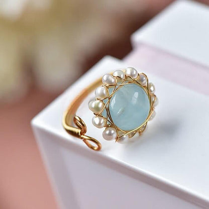 Aquamarine With Pearl Retro Ring