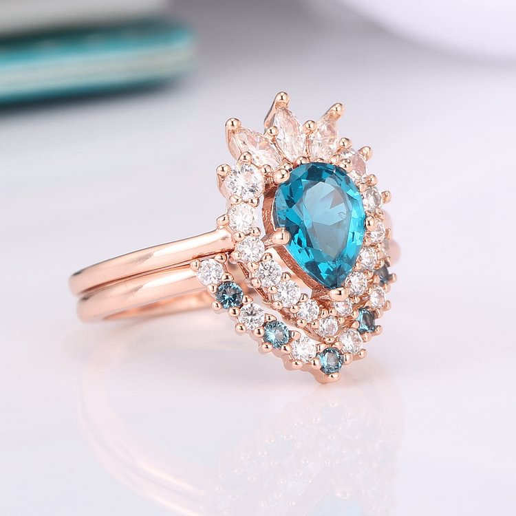 Blue Topaz White Zircon Crystal Design Rose Gold Ring