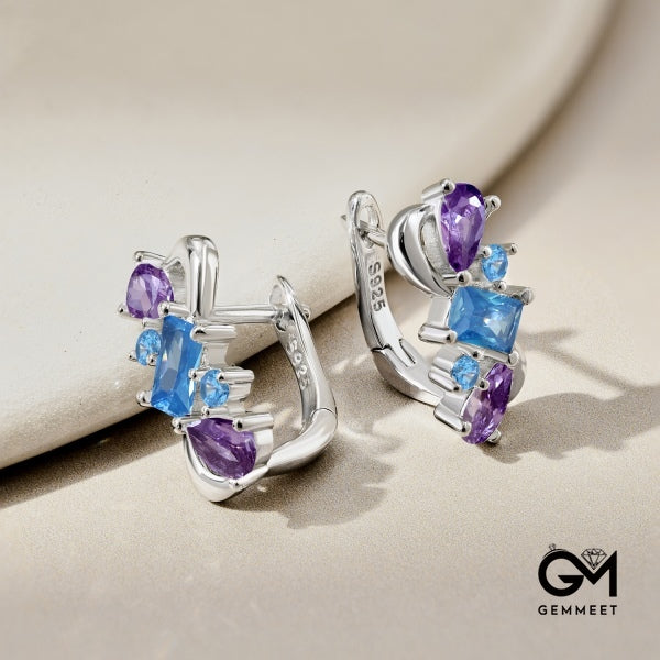 S925 Sterling Silver Blue Purple Pear Drop Earrings