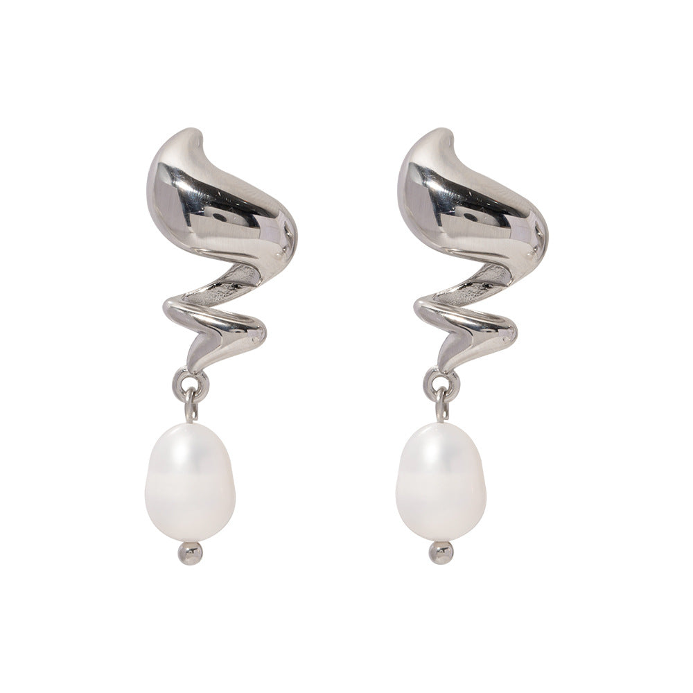 Titanium Steel Rotating Pearl Pendant Earrings