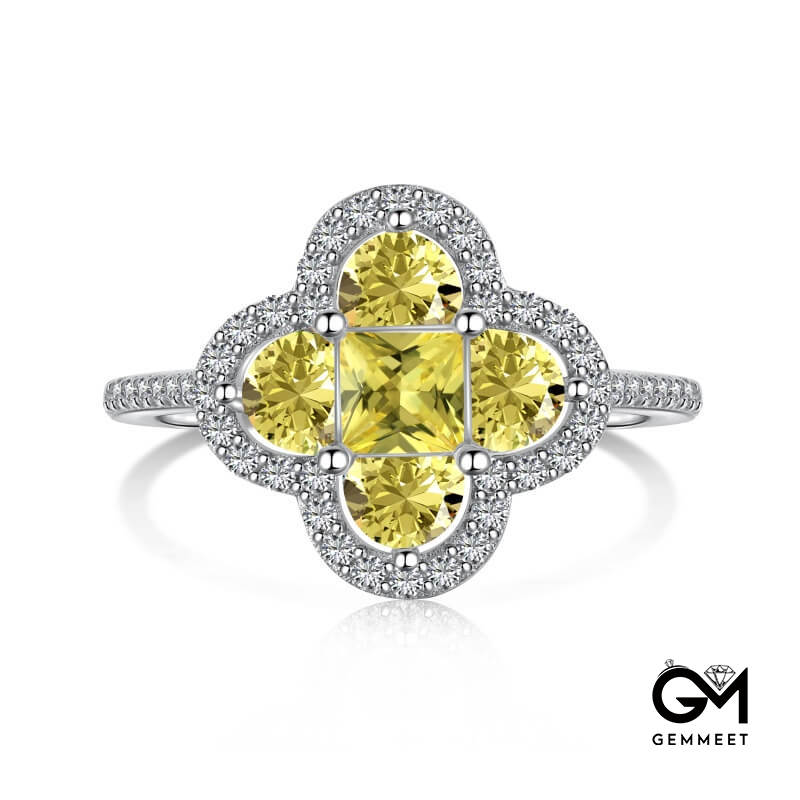 S925 Sterling Silver Yellow Lucky Four-leaf Clover Ring