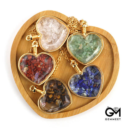 Crushed Stone Heart-shaped Glass Box Pendant Necklace