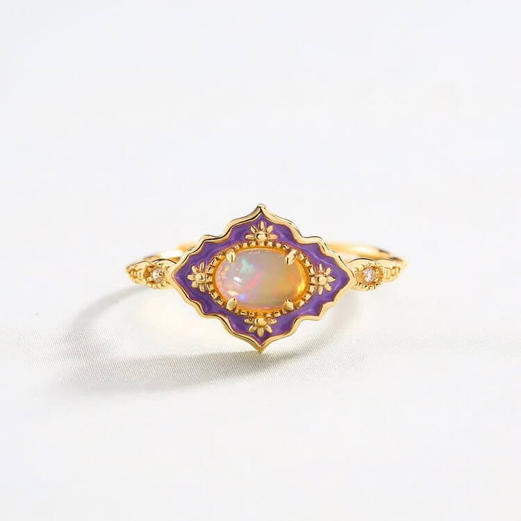 Opal Vintage Open Adjustable Enamel Gold Ring