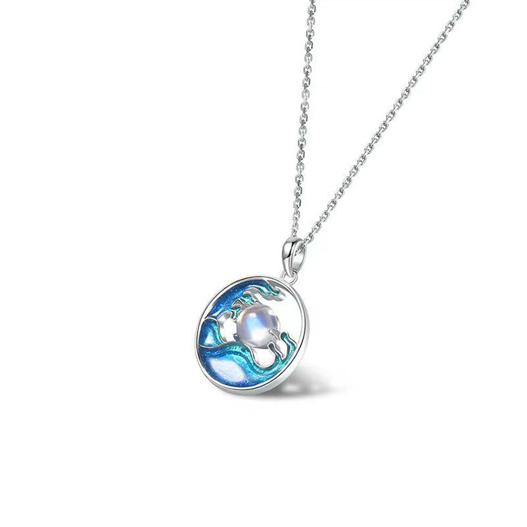 Moon on the Sea Moonstone Enamel Pendant Necklace