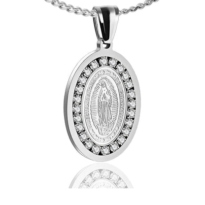 Stainless Steel Santa Maria Guadalupe Pendant Crystal Necklace