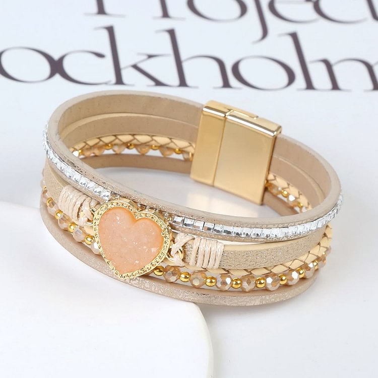 Heart Shape Cluster Multilayer Braided Leather Bracelet