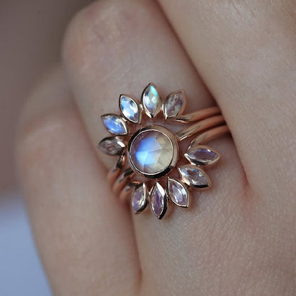 “Tide Goddess” - Sun Flower Moonstone 3 - Piece Ring