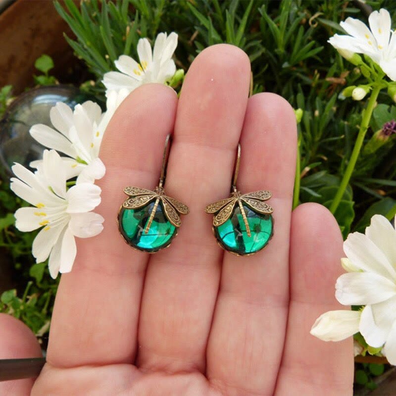 Green Glass Vintage Dragonfly Earrings