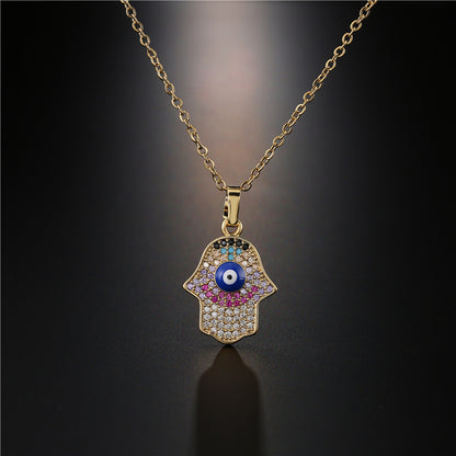 Hamsa Full Stones & Hollow Pendant Necklace