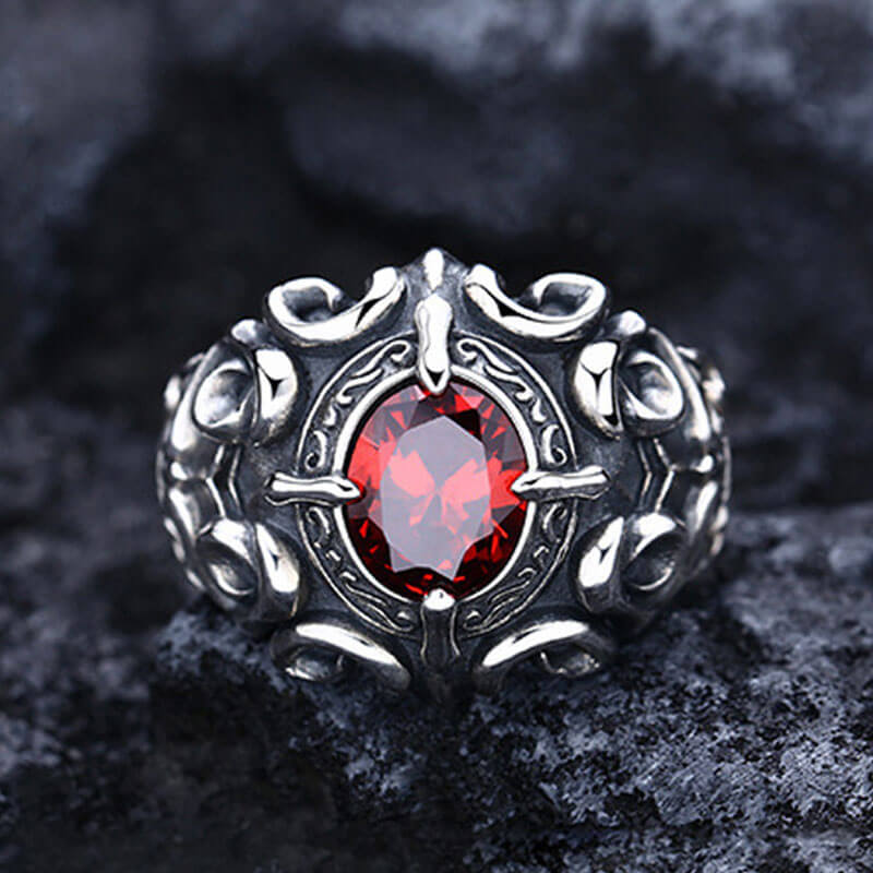 Retro Crusader Flower Garnet Adjustable Signet Ring