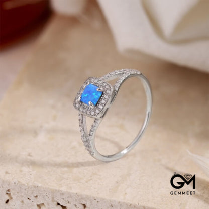 S925 Sterling Silver Blue Square Opal Hollow Ring