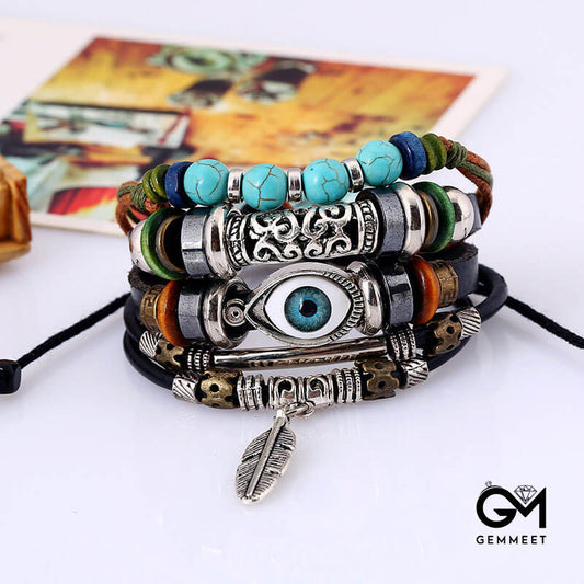 Beaded Multilayer Blue Eye Leather Ethnic Feather Bracelet