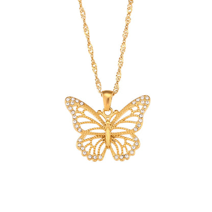 Water Wave Chain Hollowed Out Zircon Butterfly Necklace