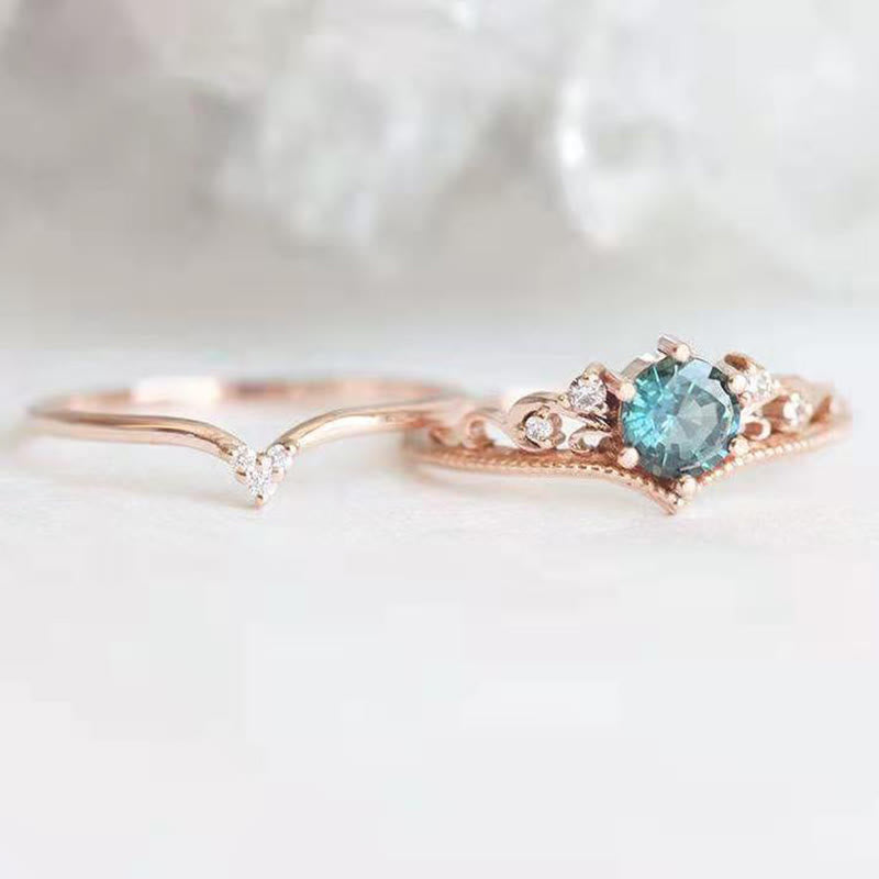 2 Pcs Teal Sapphire Engagement Ring Set