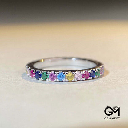 White Gold Prong Common Rainbow Stones Band Ring