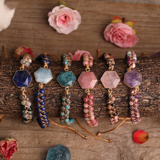 Raw Crystal Hexagon Braided Beaded Bracelet