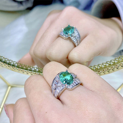 Imitation Paraiba Emerald Ring High-end T Square Diamond Colorful Treasure Ring for Women