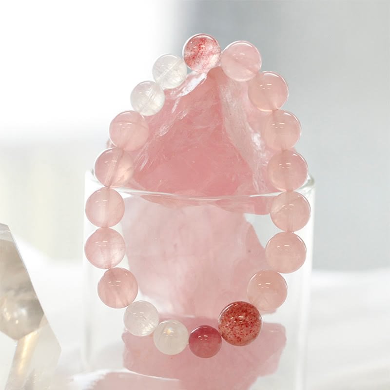 Rose Strawberry Clear Quartz Beaded Bracelet