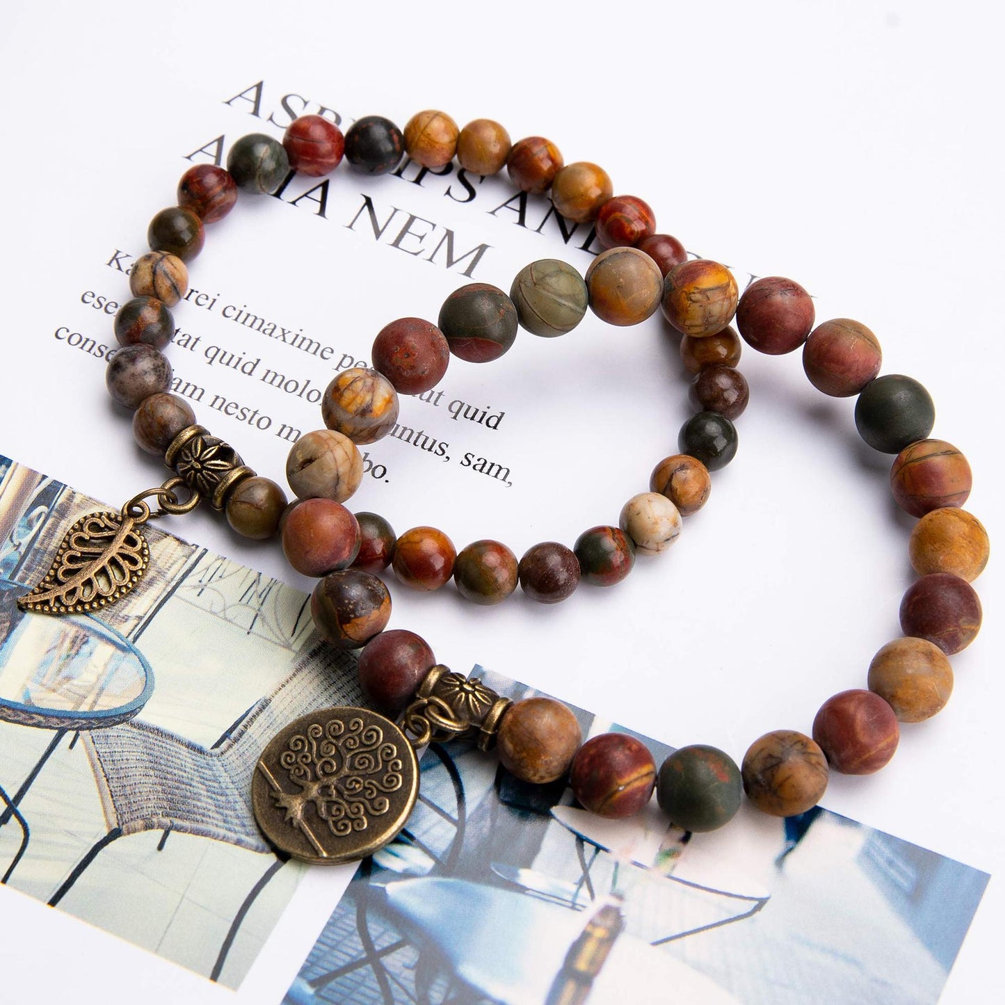 Life of Tree & Leaf Symbol Stone Bead Bracelet