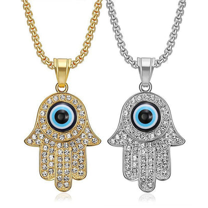 HIPHOP Gold Plated Zircon Blue Eyes Hand of Fatima Pendant