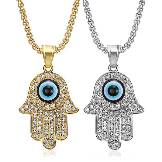 HIPHOP Gold Plated Zircon Blue Eyes Hand of Fatima Pendant