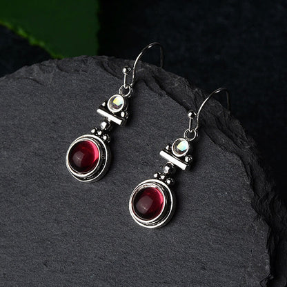 Retro Moonstone & Ruby Dangle Earrings