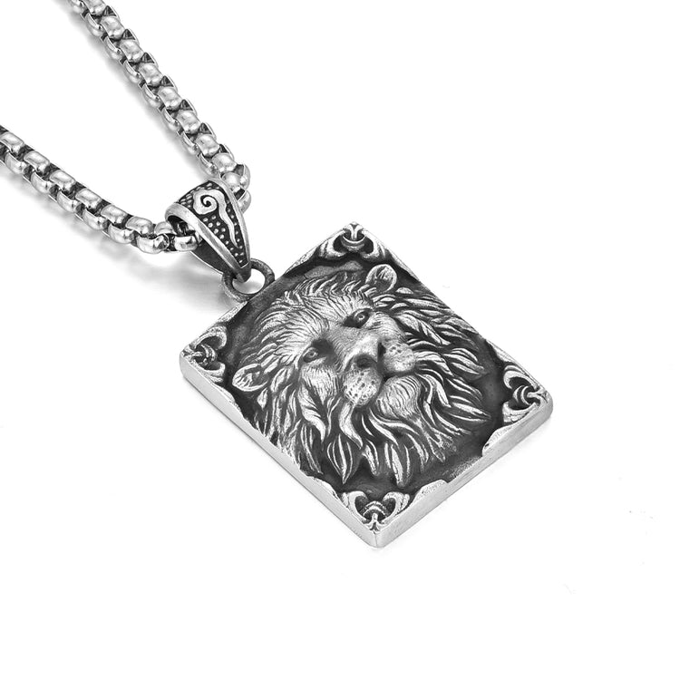 Sterling Silver Square Male Lion Pendants Necklace