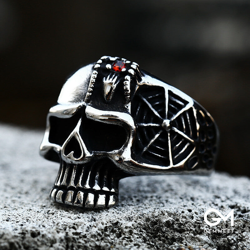 Stainless Steel Engraved Skull Red Zircon Ring