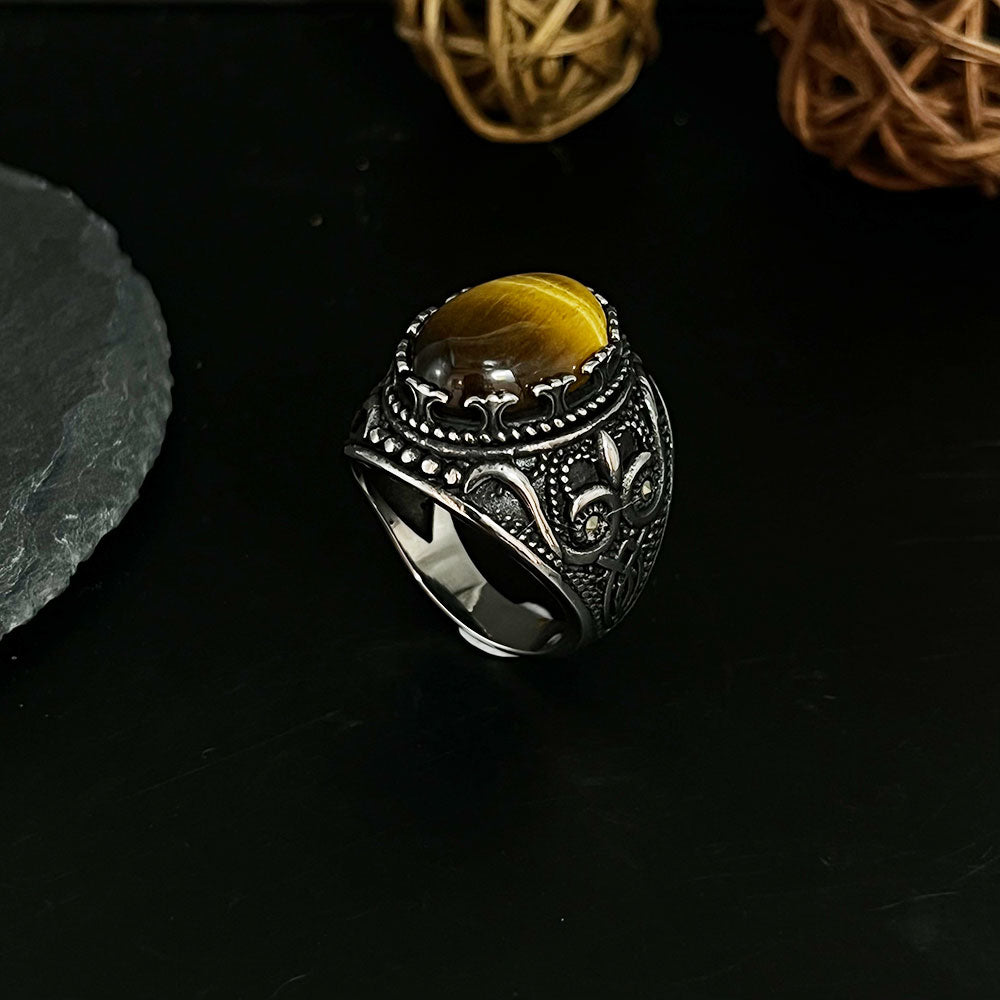 Vintage Large Tiger Eye Stone Mens Ring