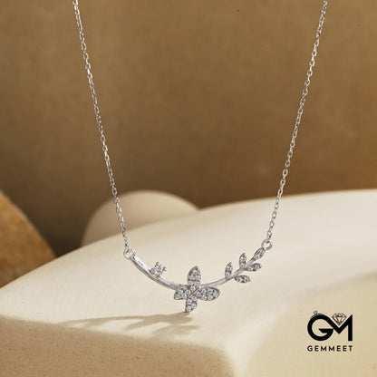 S925 Sterling Silver Zircon Leaf Flower Butterfly Necklace