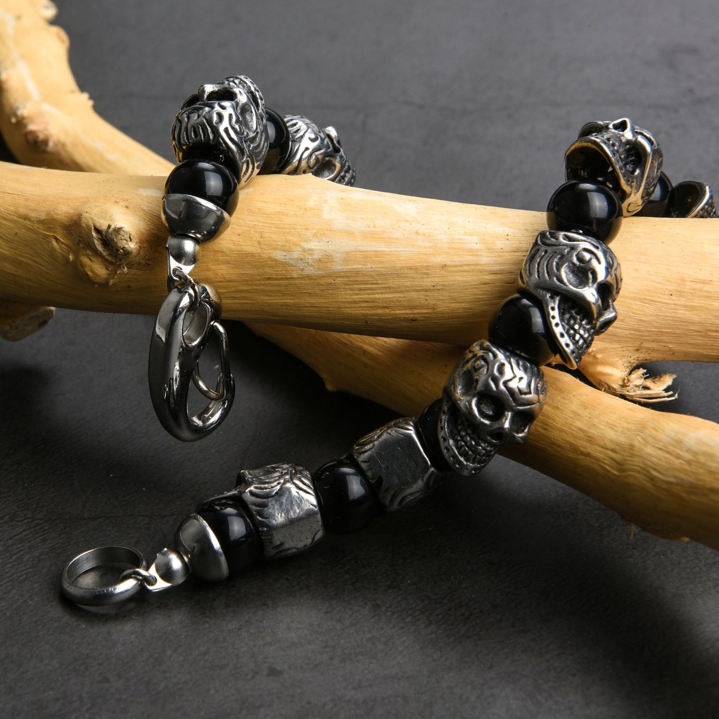 Skull Tiger Eye Stone Black Onyx Beaded Bracelet