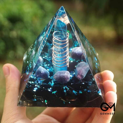 Blue Quartz Pillar With Obsidian Orgone Pyramid