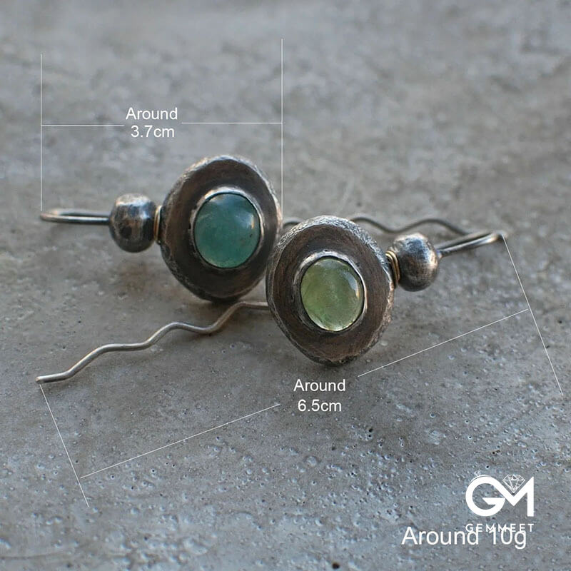 Asymmetrical Teal Stone Boho Silver Long Wound Silk Earrings