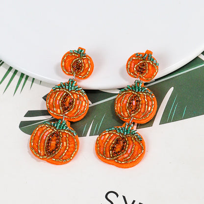 Halloween Handmade Rice Beads Three Layer Pumpkin Funny Earrings