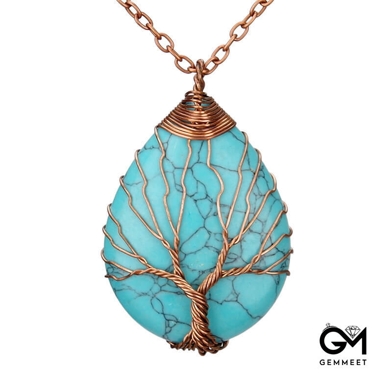 Wrapped Silk Tree of Life Turquoise Water Drop Necklace