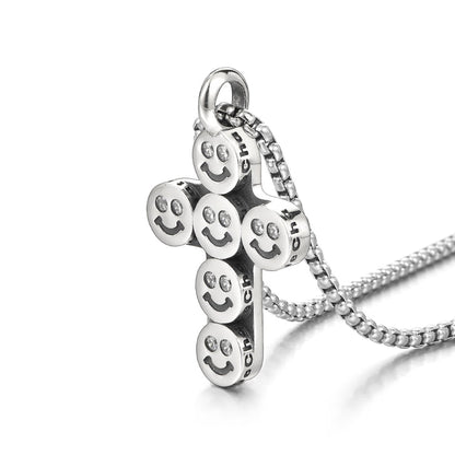 Round Smiling Face Sterling Silver Cross Pendants Necklace