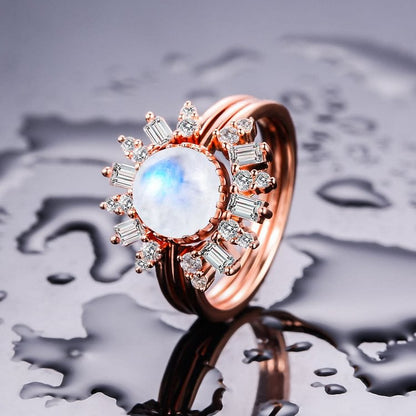 White Zircon Moonstone Sunflower Design Layered Ring