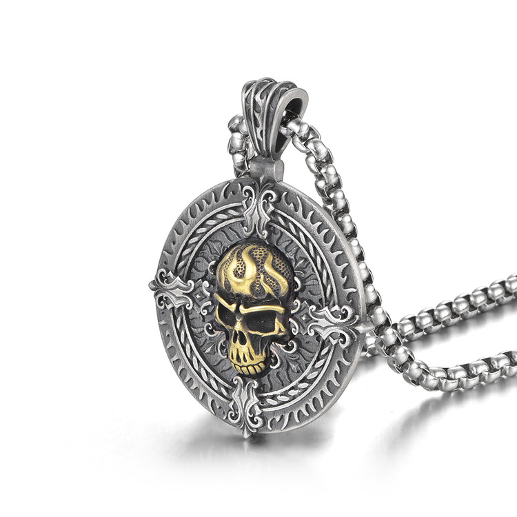 Round Golden Skull Pattern Sterling Silver Pendants Necklace