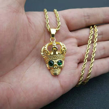 Gold Plated Crown Green Eyes Zircon Skull Undead Pendant