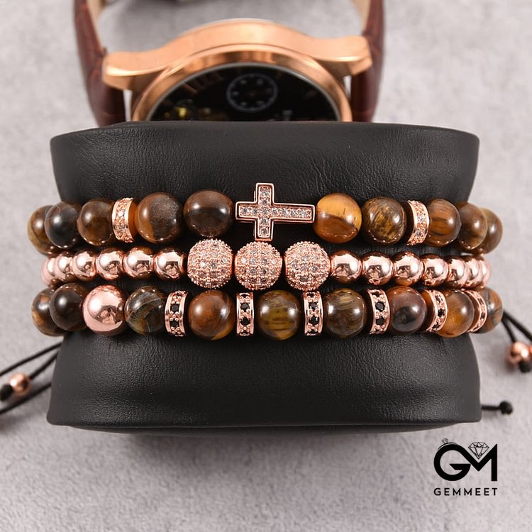 3Pcs/Set Tiger Eye Stone Beaded Men Cross Bracelet