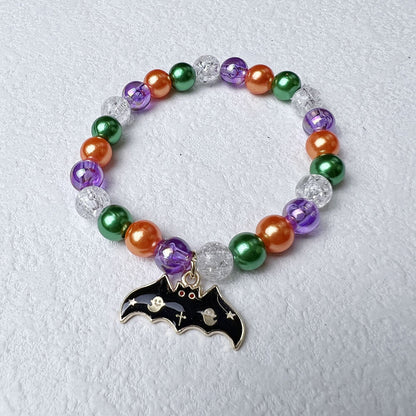 Halloween Pumpkin Bat Bracelet Acrylic Faux Pearl Orange Line Bracelet