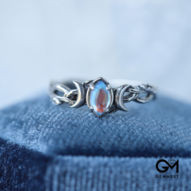 S925 Moonstone Bohemian Crescent Star Ring