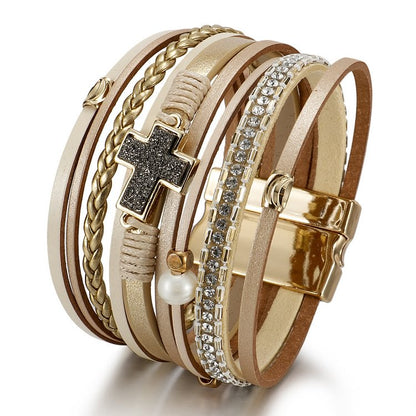 Zircon Pearl Cross Accessory Multi-Layered Leather Bracelet