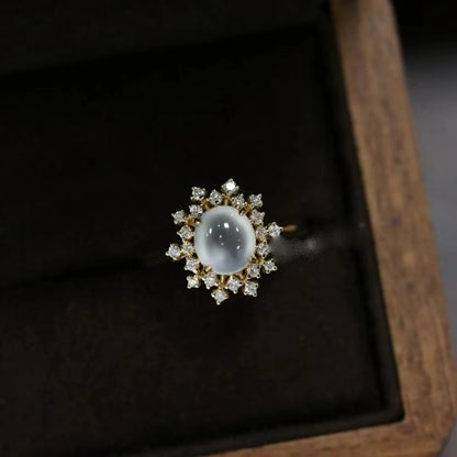 White Snowflake High Ice Chalcedony Cabochon Inlaid Zircon Ring