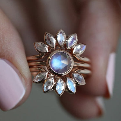 “Tide Goddess” - Sun Flower Moonstone 3 - Piece Ring