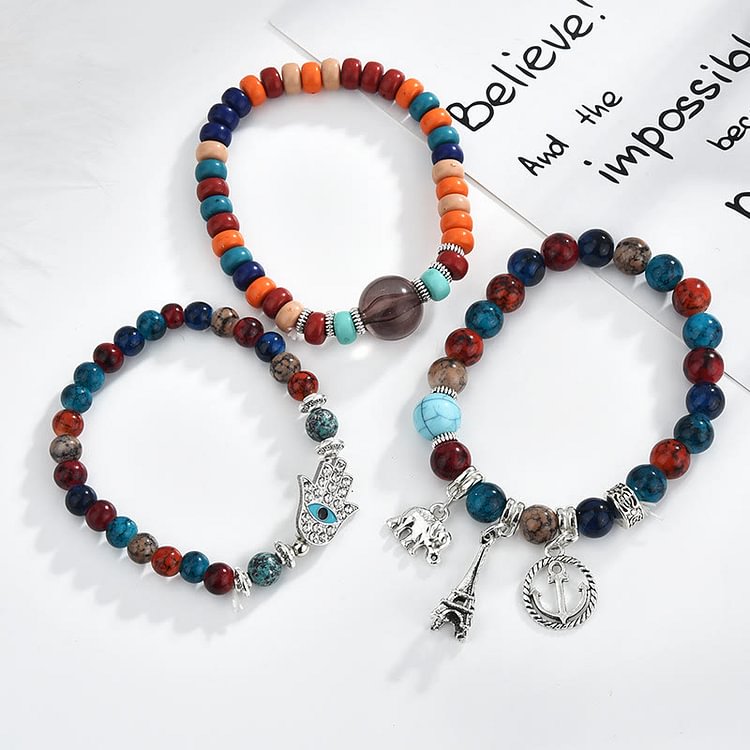 Elephant Tower Evil Eye Hamsa Bracelet Set