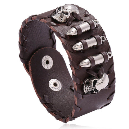 Punk Leather Bullet Skull Bracelet