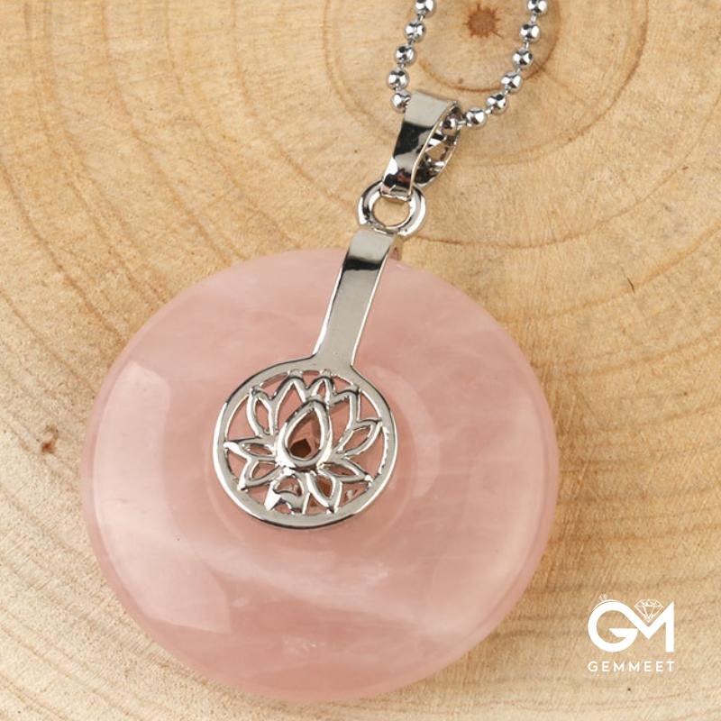 Pink Crystal Lotus Peace Button Pendant Necklace