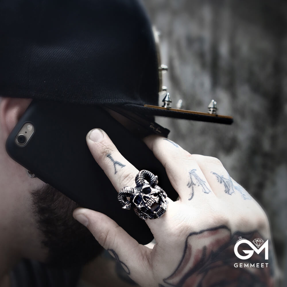 Stainless Steel Punk Satanic Sheep-head Skull Ring