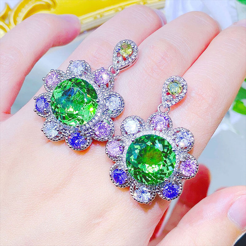 Brilliant Interstellar Spirit Mint Green Sunflower Set Gemstone Cut Ring Colorful Treasure Earrings Green Diamond Pendant Necklace